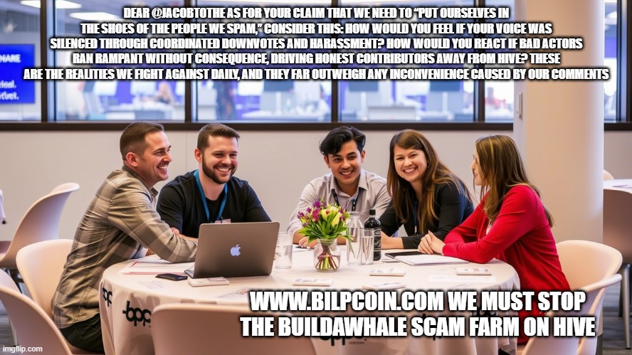 DEAR @JACOBTOTHE AS FOR YOUR CLAIM THAT WE NEED TO “PUT OURSELVES IN THE SHOES OF THE PEOPLE WE SPAM,” CONSIDER THIS: HOW WOULD YOU FEEL IF YOUR VOICE WAS SILENCED THROUGH COORDINATED DOWNVOTES AND HARASSMENT? HOW WOULD YOU REACT IF BAD ACTORS RAN RAMPANT WITHOUT CONSEQUENCE, DRIVING HONEST CONTRIBUTORS AWAY FROM HIVE? THESE ARE THE REALITIES WE FIGHT AGAINST DAILY, AND THEY FAR OUTWEIGH ANY INCONVENIENCE CAUSED BY OUR COMMENTS; WWW.BILPCOIN.COM WE MUST STOP THE BUILDAWHALE SCAM FARM ON HIVE | made w/ Imgflip meme maker