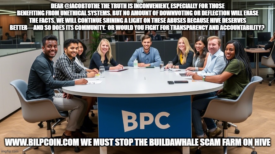 DEAR @JACOBTOTHE THE TRUTH IS INCONVENIENT, ESPECIALLY FOR THOSE BENEFITING FROM UNETHICAL SYSTEMS. BUT NO AMOUNT OF DOWNVOTING OR DEFLECTION WILL ERASE THE FACTS. WE WILL CONTINUE SHINING A LIGHT ON THESE ABUSES BECAUSE HIVE DESERVES BETTER—AND SO DOES ITS COMMUNITY.  OR WOULD YOU FIGHT FOR TRANSPARENCY AND ACCOUNTABILITY? WWW.BILPCOIN.COM WE MUST STOP THE BUILDAWHALE SCAM FARM ON HIVE | made w/ Imgflip meme maker