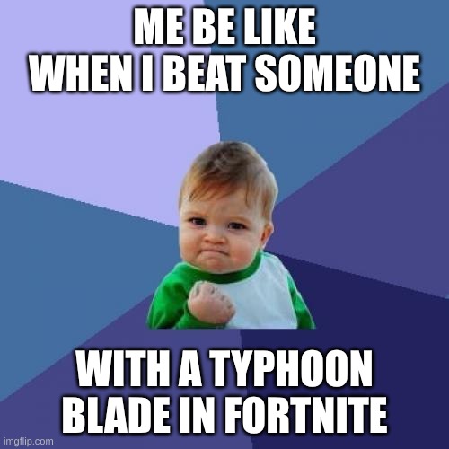 anybody else feel this? | ME BE LIKE WHEN I BEAT SOMEONE; WITH A TYPHOON BLADE IN FORTNITE | image tagged in memes,success kid | made w/ Imgflip meme maker