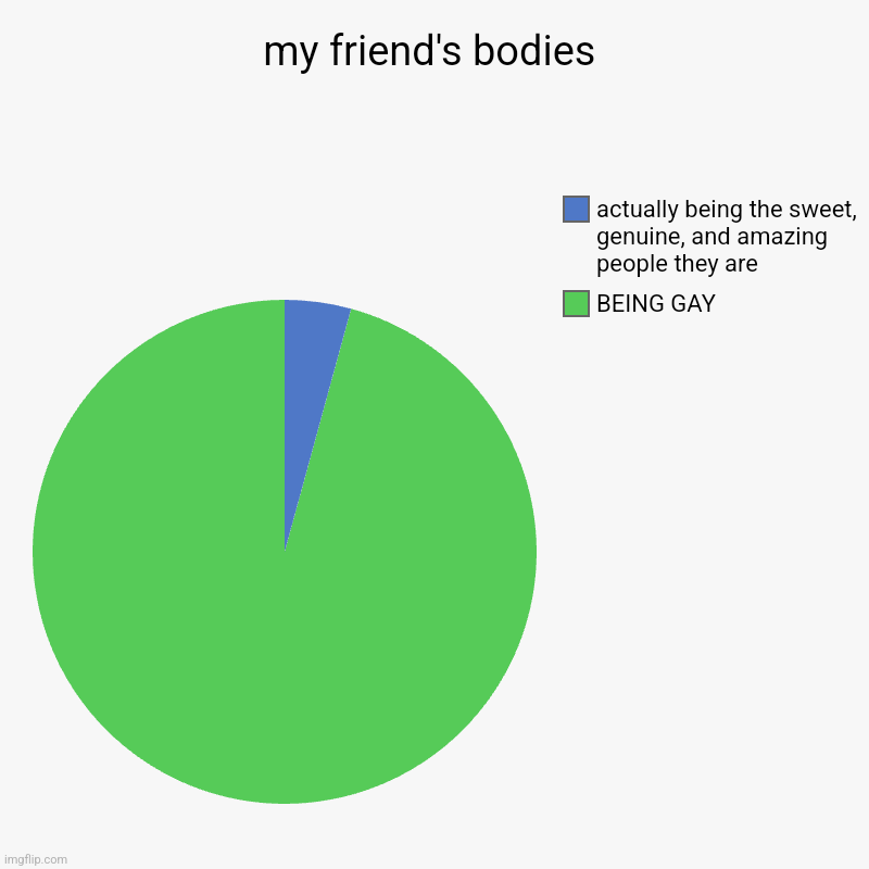 my friend's bodies | BEING GAY, actually being the sweet, genuine, and amazing people they are | image tagged in charts,pie charts | made w/ Imgflip chart maker