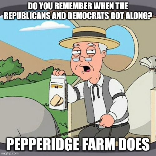 any good? | DO YOU REMEMBER WHEN THE REPUBLICANS AND DEMOCRATS GOT ALONG? PEPPERIDGE FARM DOES | image tagged in memes,pepperidge farm remembers | made w/ Imgflip meme maker