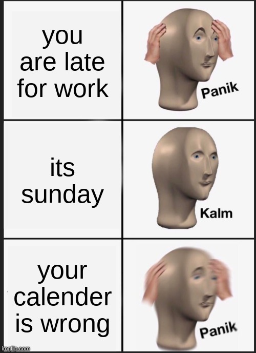 LATE FOR WORK | you are late for work; its sunday; your calender is wrong | image tagged in memes,panik kalm panik,funny,relatable | made w/ Imgflip meme maker