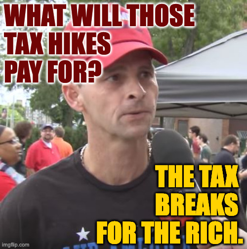 Trump supporter | WHAT WILL THOSE
TAX HIKES
PAY FOR? THE TAX 
BREAKS 
FOR THE RICH. | image tagged in trump supporter | made w/ Imgflip meme maker