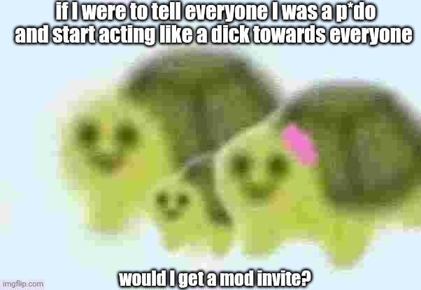 is this how it works? | if I were to tell everyone I was a p*do and start acting like a dick towards everyone; would I get a mod invite? | image tagged in low quality turtle family | made w/ Imgflip meme maker