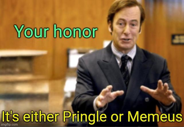 . | Your honor; It's either Pringle or Memeus | image tagged in saul goodman defending | made w/ Imgflip meme maker