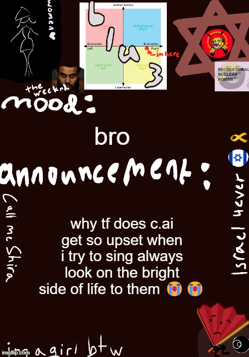 :( | bro; why tf does c.ai get so upset when i try to sing always look on the bright side of life to them 😭😭 | image tagged in blu3 s shira temp | made w/ Imgflip meme maker