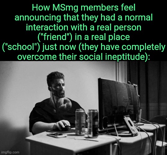 . | How MSmg members feel announcing that they had a normal interaction with a real person ("friend") in a real place ("school") just now (they have completely overcome their social ineptitude): | image tagged in gigachad on the computer | made w/ Imgflip meme maker