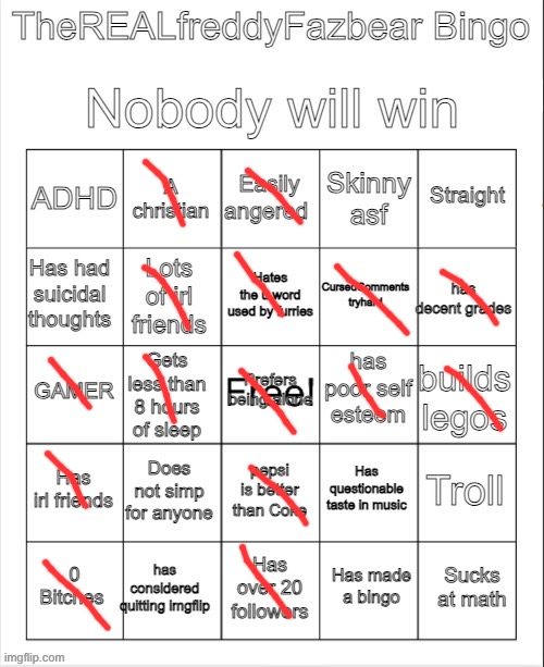 POW! I did it! | image tagged in therealfreddyfazbear's bingo | made w/ Imgflip meme maker