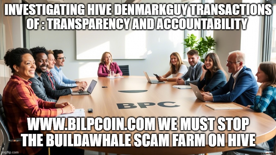 INVESTIGATING HIVE DENMARKGUY TRANSACTIONS OF : TRANSPARENCY AND ACCOUNTABILITY; WWW.BILPCOIN.COM WE MUST STOP THE BUILDAWHALE SCAM FARM ON HIVE | made w/ Imgflip meme maker