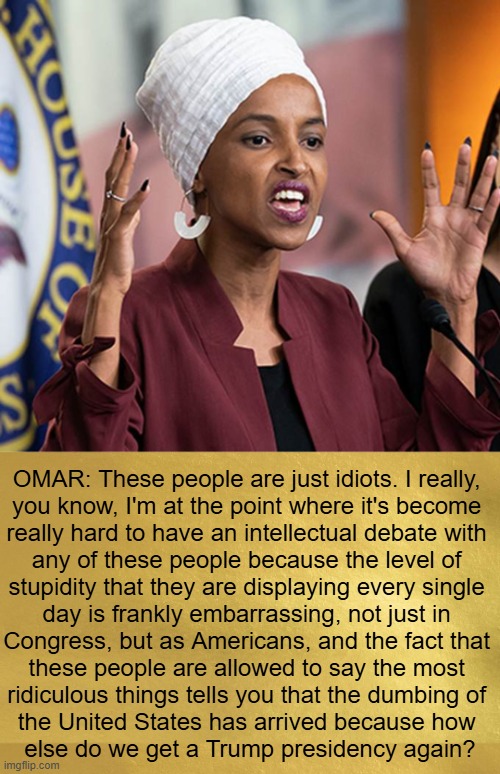 Coming to America | OMAR: These people are just idiots. I really, 
you know, I'm at the point where it's become 
really hard to have an intellectual debate with 
any of these people because the level of 
stupidity that they are displaying every single 
day is frankly embarrassing, not just in 
Congress, but as Americans, and the fact that 
these people are allowed to say the most 
ridiculous things tells you that the dumbing of 
the United States has arrived because how 
else do we get a Trump presidency again? | image tagged in ilhan omar,muslim,marxist,unamerican,squad member,ungrateful | made w/ Imgflip meme maker