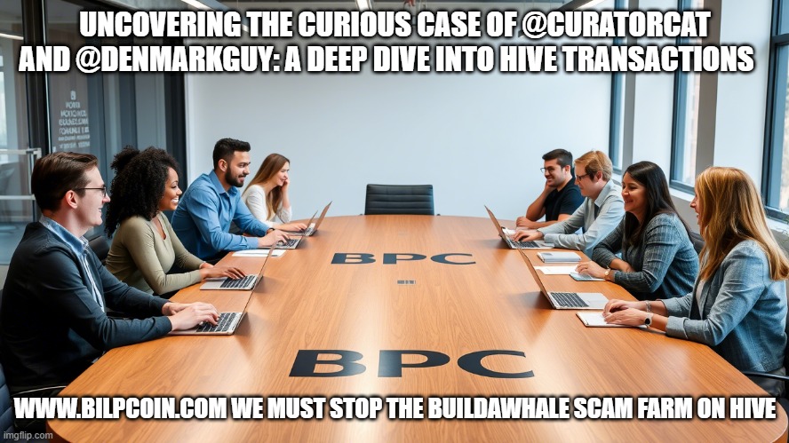 UNCOVERING THE CURIOUS CASE OF @CURATORCAT AND @DENMARKGUY: A DEEP DIVE INTO HIVE TRANSACTIONS; WWW.BILPCOIN.COM WE MUST STOP THE BUILDAWHALE SCAM FARM ON HIVE | made w/ Imgflip meme maker