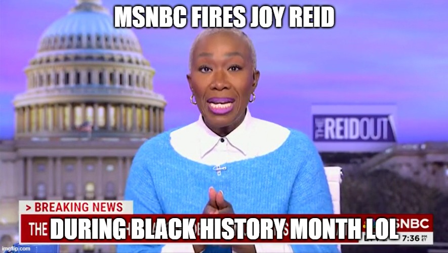 Racebaiter Joy reid Fired during black history month | MSNBC FIRES JOY REID; DURING BLACK HISTORY MONTH LOL | image tagged in joyless reid racist extraordinaire | made w/ Imgflip meme maker