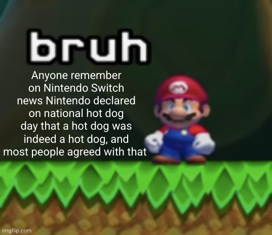 you are NOT like other people if you think a hot dog is something else | Anyone remember on Nintendo Switch news Nintendo declared on national hot dog day that a hot dog was indeed a hot dog, and most people agreed with that | image tagged in mario bruh,hot dog,mario,bruh,nintendo,stupid people | made w/ Imgflip meme maker