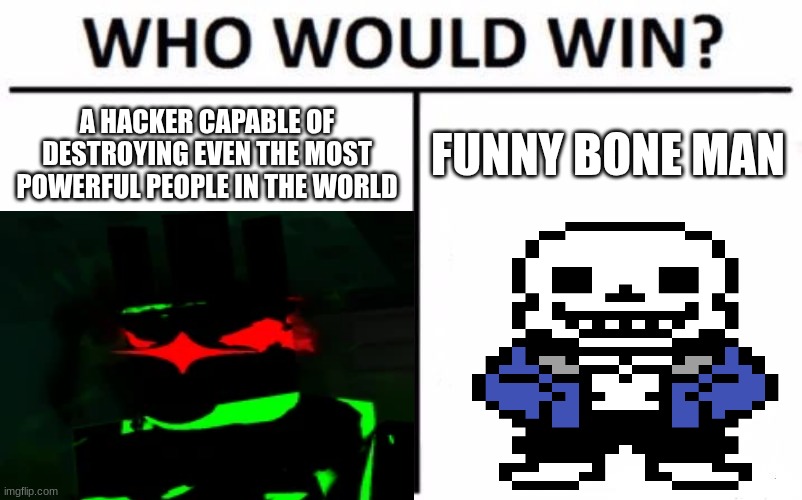 sans vs 1x1x1x1 | A HACKER CAPABLE OF DESTROYING EVEN THE MOST POWERFUL PEOPLE IN THE WORLD; FUNNY BONE MAN | image tagged in memes,who would win | made w/ Imgflip meme maker