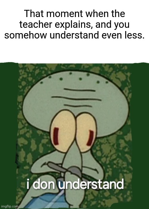 That moment when the teacher explains, and you somehow understand even less. | That moment when the teacher explains, and you somehow understand even less. | image tagged in squiddi confused | made w/ Imgflip meme maker