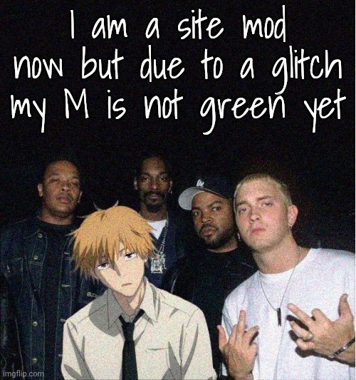 Denji with the gang | I am a site mod now but due to a glitch my M is not green yet | image tagged in denji with the gang | made w/ Imgflip meme maker