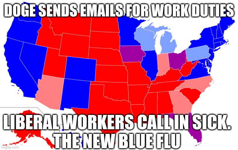 The new Blue Flu | DOGE SENDS EMAILS FOR WORK DUTIES; LIBERAL WORKERS CALL IN SICK.
THE NEW BLUE FLU | image tagged in red and blue states,leftists,democrats,liberals,doge | made w/ Imgflip meme maker