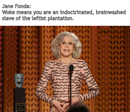 Another Boomer loses control of the grift. | Jane Fonda:
Woke means you are an indoctrinated, brainwashed slave of the leftist plantation. | image tagged in memes,politics,jane fonda,boomer | made w/ Imgflip meme maker