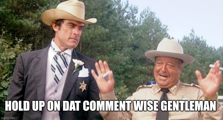 Buford T Justice and Junior | HOLD UP ON DAT COMMENT WISE GENTLEMAN | image tagged in buford t justice and junior | made w/ Imgflip meme maker