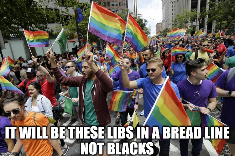 gay parade | IT WILL BE THESE LIBS IN A BREAD LINE
NOT BLACKS | image tagged in gay parade | made w/ Imgflip meme maker
