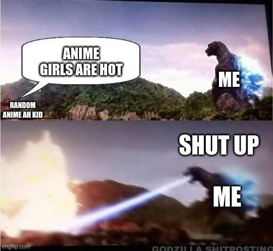 shut up you anime kid | ANIME GIRLS ARE HOT; ME; RANDOM ANIME AH KID; SHUT UP; ME | image tagged in godzilla hates x | made w/ Imgflip meme maker