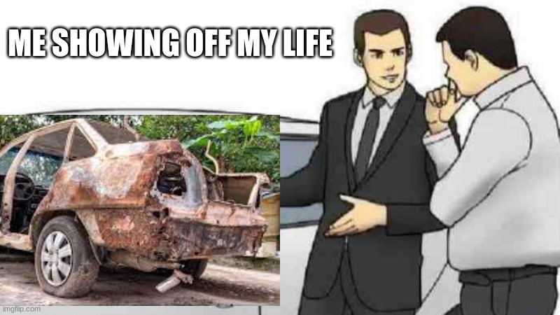 :(( | ME SHOWING OFF MY LIFE | image tagged in memes,car salesman slaps roof of car,life | made w/ Imgflip meme maker