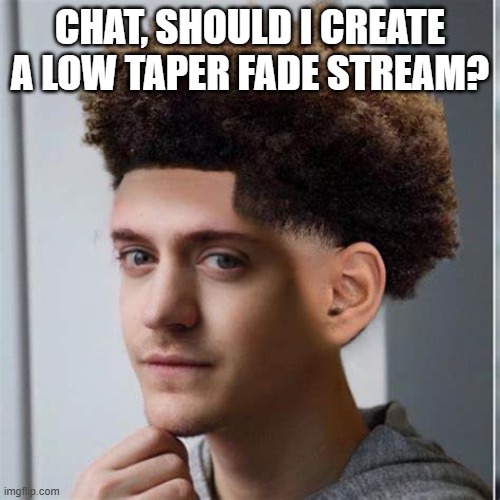 ninja low taper fade | CHAT, SHOULD I CREATE A LOW TAPER FADE STREAM? | image tagged in ninja low taper fade | made w/ Imgflip meme maker