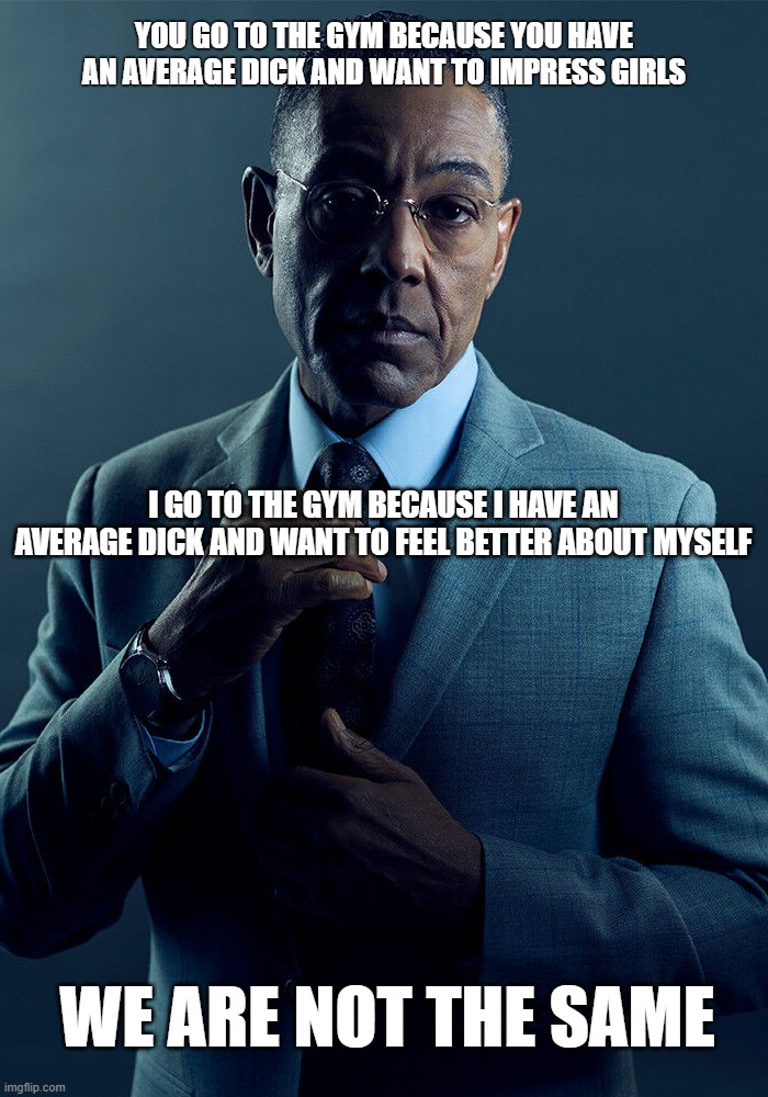 We are not the same | YOU GO TO THE GYM BECAUSE YOU HAVE AN AVERAGE DICK AND WANT TO IMPRESS GIRLS; I GO TO THE GYM BECAUSE I HAVE AN AVERAGE DICK AND WANT TO FEEL BETTER ABOUT MYSELF; WE ARE NOT THE SAME | image tagged in gus fring we are not the same | made w/ Imgflip meme maker