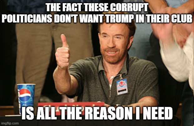 Chuck Norris Approves Meme | THE FACT THESE CORRUPT POLITICIANS DON'T WANT TRUMP IN THEIR CLUB IS ALL THE REASON I NEED | image tagged in memes,chuck norris approves,chuck norris | made w/ Imgflip meme maker