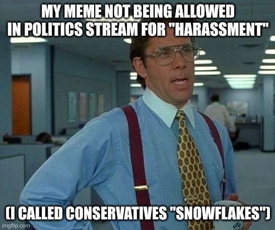 The conservatives have been pretty sensitive lately... | MY MEME NOT BEING ALLOWED IN POLITICS STREAM FOR "HARASSMENT"; (I CALLED CONSERVATIVES "SNOWFLAKES") | image tagged in memes,that would be great,annoying,conservative hypocrisy,snowflakes,ironic | made w/ Imgflip meme maker