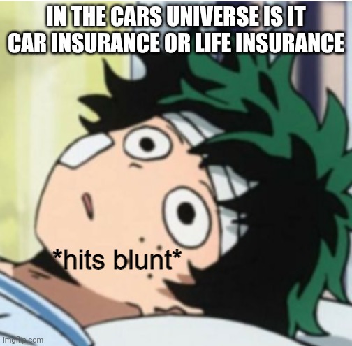 Hits blunt deku ver. | IN THE CARS UNIVERSE IS IT CAR INSURANCE OR LIFE INSURANCE | image tagged in hits blunt deku ver | made w/ Imgflip meme maker