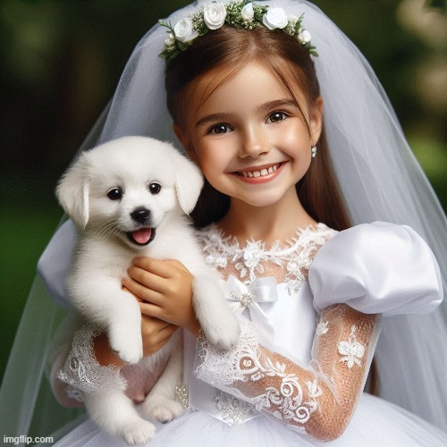 A little girl in a white dress with a white dog | image tagged in little girl,white dress,puppy,dog,veil,smiling | made w/ Imgflip meme maker