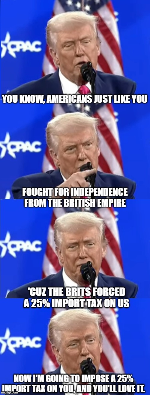 So, When's the Tea Party Happening? | YOU KNOW, AMERICANS JUST LIKE YOU; FOUGHT FOR INDEPENDENCE FROM THE BRITISH EMPIRE; 'CUZ THE BRITS FORCED A 25% IMPORT TAX ON US; NOW I'M GOING TO IMPOSE A 25% IMPORT TAX ON YOU, AND YOU'LL LOVE IT. | image tagged in tariff is my favorite word,irony,tariffs,taxes,king of england | made w/ Imgflip meme maker