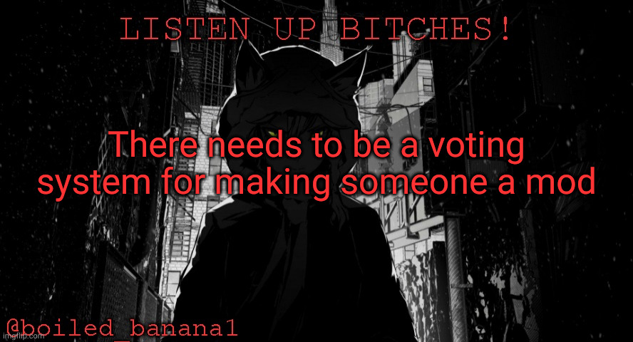 yall just be begging for mod and then it gets handed to you | There needs to be a voting system for making someone a mod | image tagged in boiled_banana1 temp | made w/ Imgflip meme maker