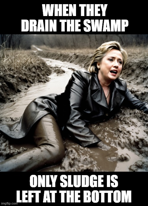 sludge | WHEN THEY DRAIN THE SWAMP; ONLY SLUDGE IS LEFT AT THE BOTTOM | image tagged in drain the swamp trump,hillary | made w/ Imgflip meme maker