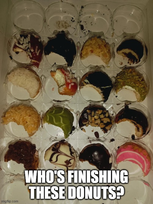 Half Eaten | WHO'S FINISHING THESE DONUTS? | image tagged in food | made w/ Imgflip meme maker