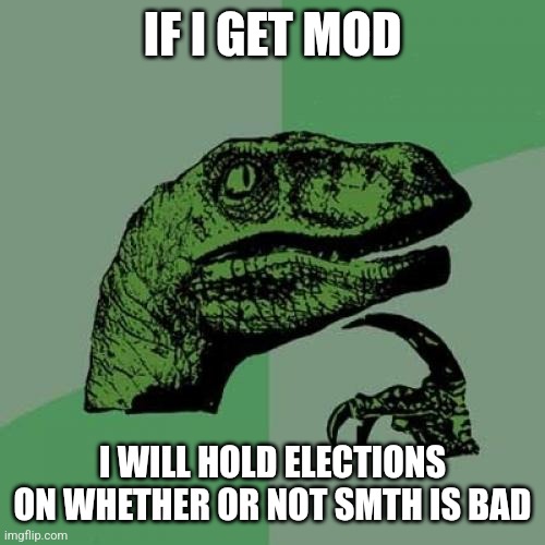 Philosoraptor | IF I GET MOD; I WILL HOLD ELECTIONS ON WHETHER OR NOT SMTH IS BAD | image tagged in memes,philosoraptor | made w/ Imgflip meme maker