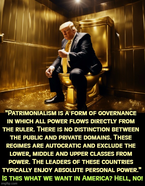 "Patrimonialism is a form of governance 

in which all power flows directly from 
the ruler. There is no distinction between 
the public and private domains. These 

regimes are autocratic and exclude the 
lower, middle and upper classes from 
power. The leaders of these countries 
typically enjoy absolute personal power."; Is this what we want in America? Hell, no! | image tagged in trump,dictator,power,patrimonialism,senile dementia,frontotemporal dementia | made w/ Imgflip meme maker