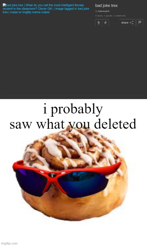 i probably saw what you deleted | image tagged in cool ass cinnamon bun | made w/ Imgflip meme maker