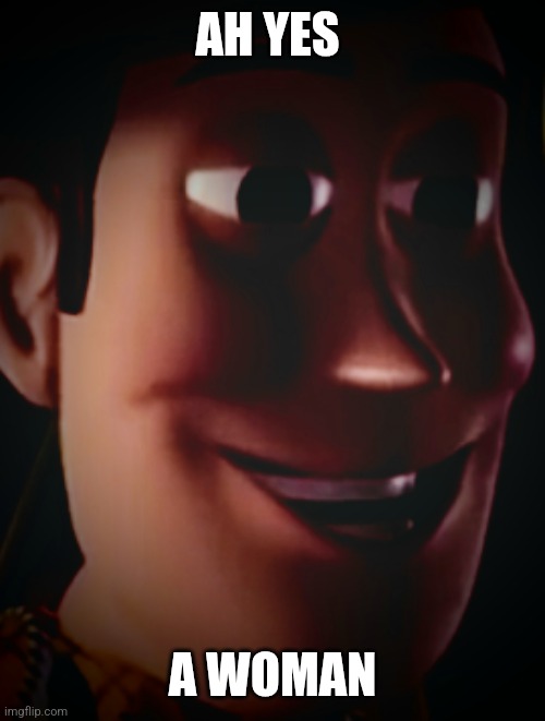 Freaky staring woody | AH YES A WOMAN | image tagged in freaky staring woody | made w/ Imgflip meme maker