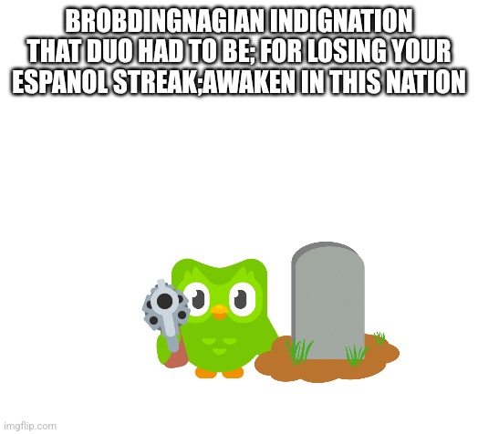 Blank | BROBDINGNAGIAN INDIGNATION THAT DUO HAD TO BE; FOR LOSING YOUR ESPANOL STREAK;AWAKEN IN THIS NATION | image tagged in blank | made w/ Imgflip meme maker