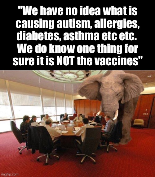 That’s one big pachyderm | "We have no idea what is
causing autism, allergies,
diabetes, asthma etc etc. 
We do know one thing for
sure it is NOT the vaccines" | image tagged in memes,all vaccines r poison,all you need is a healthy terrain,strong god given immune system,no authoritarian leftists | made w/ Imgflip meme maker