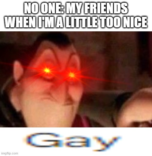 g a y | NO ONE: MY FRIENDS WHEN I'M A LITTLE TOO NICE | image tagged in gay,why are you gay | made w/ Imgflip meme maker