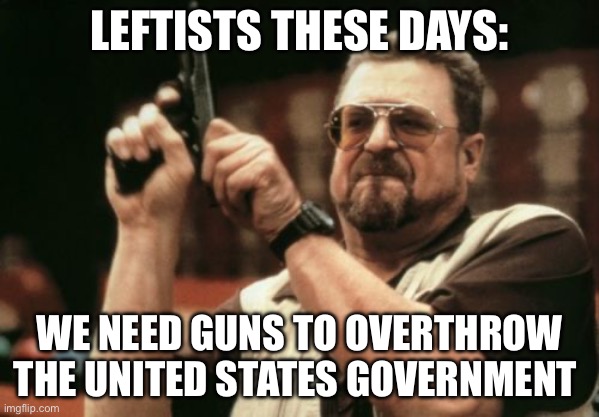 Leftists now | LEFTISTS THESE DAYS:; WE NEED GUNS TO OVERTHROW THE UNITED STATES GOVERNMENT | image tagged in memes,am i the only one around here,political meme,politics | made w/ Imgflip meme maker