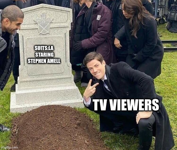 Peace sign tombstone | SUITS:LA  STARING STEPHEN AMELL; TV VIEWERS | image tagged in peace sign tombstone | made w/ Imgflip meme maker