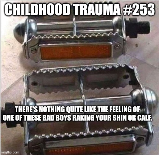 What doesn't kill you usually still hurts like hell | CHILDHOOD TRAUMA #253; THERE'S NOTHING QUITE LIKE THE FEELING OF ONE OF THESE BAD BOYS RAKING YOUR SHIN OR CALF. | image tagged in bike,bicycle pitfalls | made w/ Imgflip meme maker