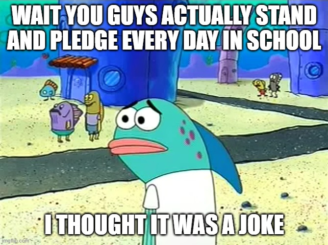 Spongebob I thought it was a joke | WAIT YOU GUYS ACTUALLY STAND AND PLEDGE EVERY DAY IN SCHOOL; I THOUGHT IT WAS A JOKE | image tagged in spongebob i thought it was a joke | made w/ Imgflip meme maker