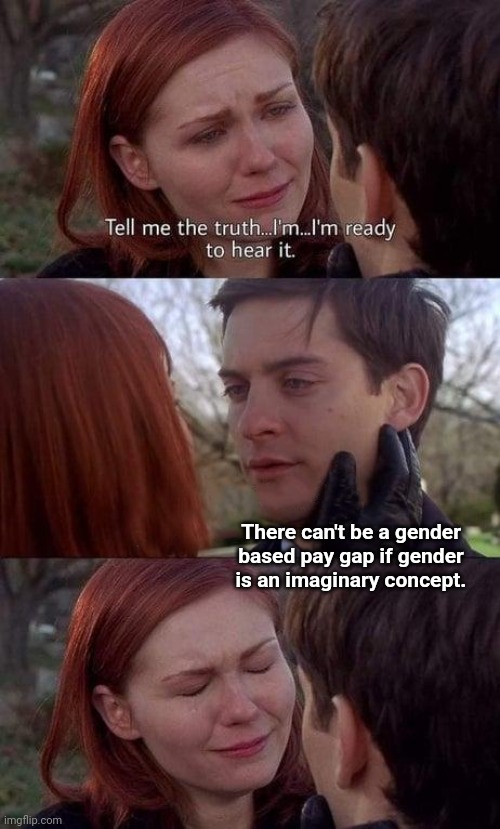 Tell me the truth, I'm ready to hear it | There can't be a gender based pay gap if gender is an imaginary concept. | image tagged in tell me the truth i'm ready to hear it | made w/ Imgflip meme maker