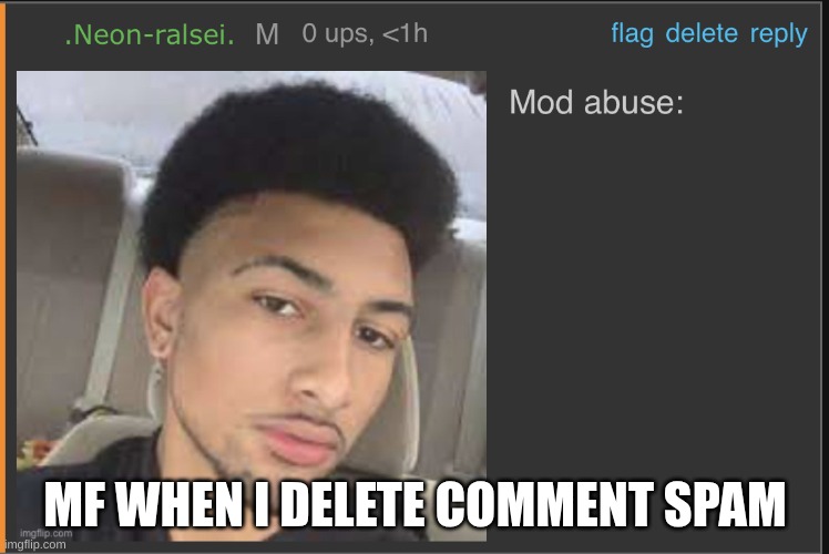 Mod abuse: | MF WHEN I DELETE COMMENT SPAM | image tagged in mod abuse | made w/ Imgflip meme maker