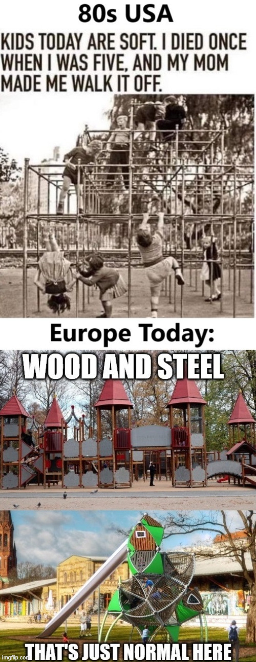 Playgrounds in europe | image tagged in funny,true,meme,europe,playgrounds,nostalgia | made w/ Imgflip meme maker